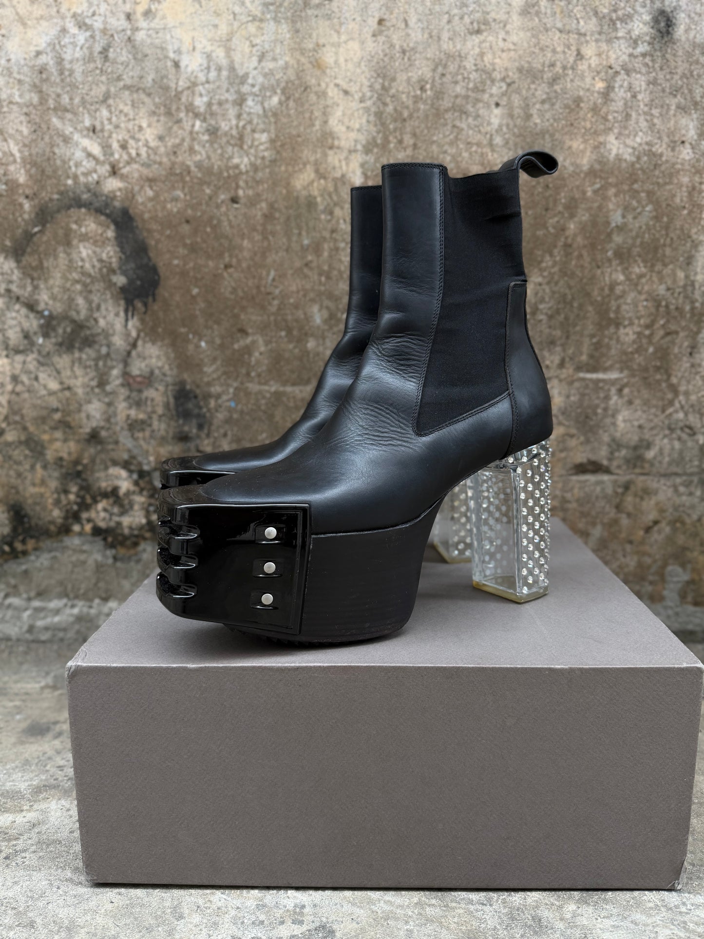 RICK OWENS "KISS" EMBELLISHED GRILL PLATFORM BOOTS