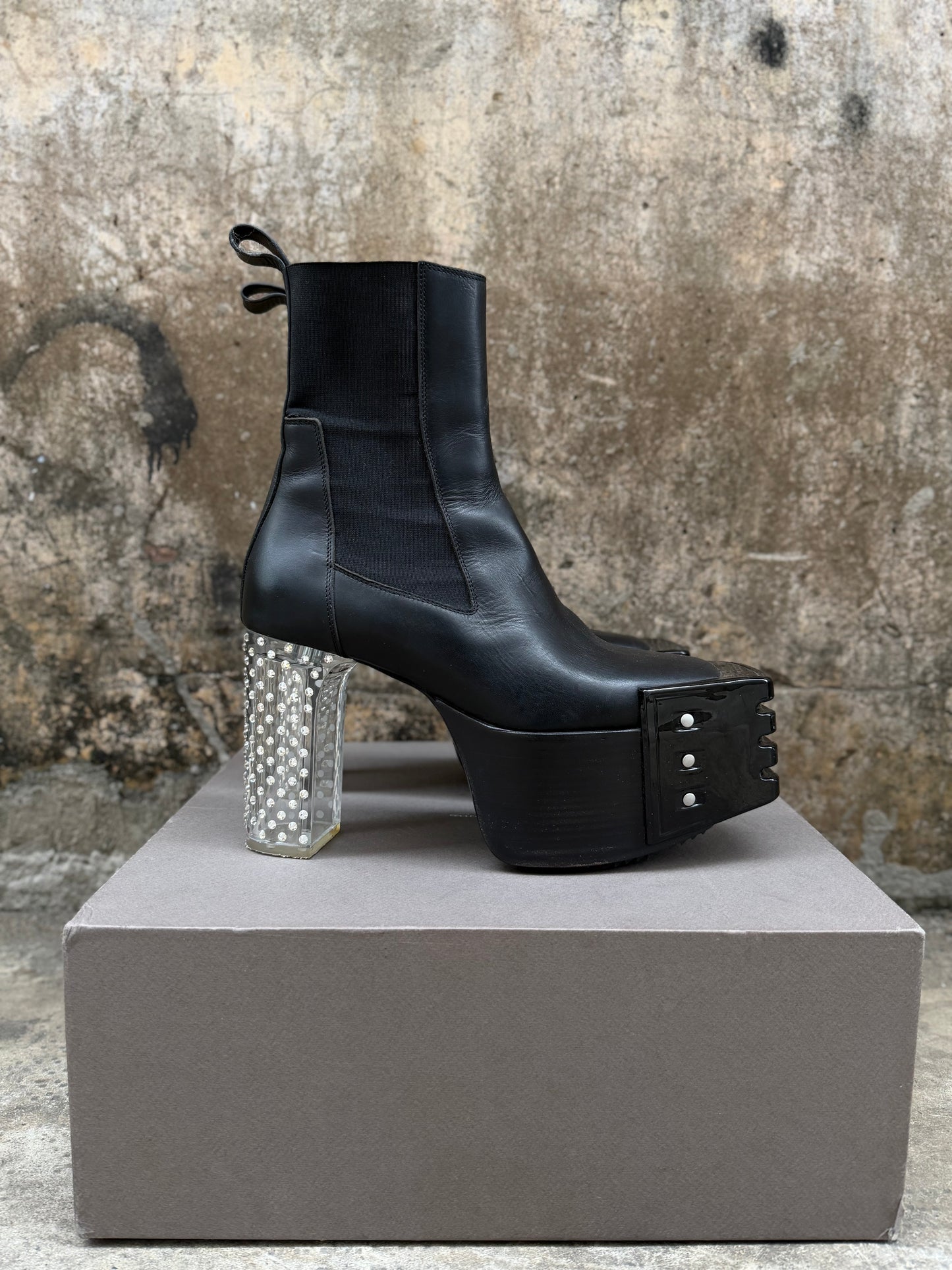RICK OWENS "KISS" EMBELLISHED GRILL PLATFORM BOOTS